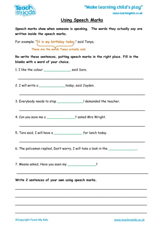 Worksheets for kids - using speech marks